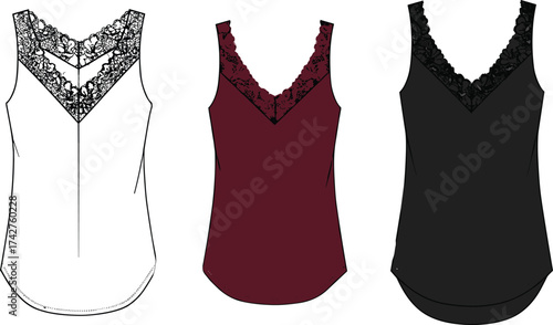 Women's camisole top fashion flat sketch, lace v neck tank top, vector illustration, apparel design, CAD drawing, clothing template, sleeveless blouse