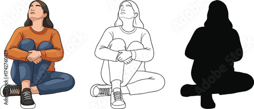 Young woman sitting on floor, casual clothes, thoughtful pose, vector illustration, outline drawing, silhouette design, relaxed girl with jeans and sneakers