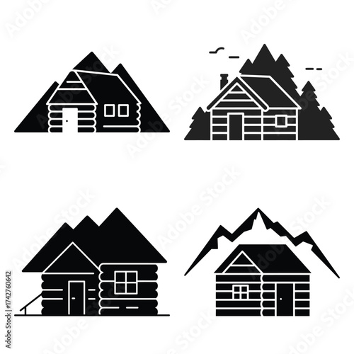 mountain cabin silhouette vector icon bundle