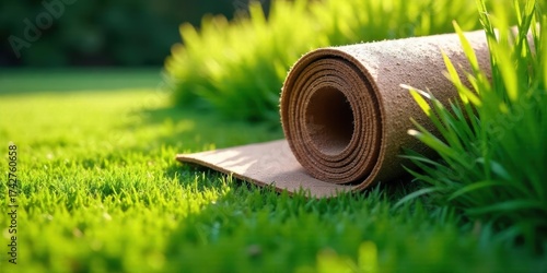 Rolled exercise mat resting on a vibrant green lawn, bathed in sunlight, ideal for outdoor fitness or relaxation