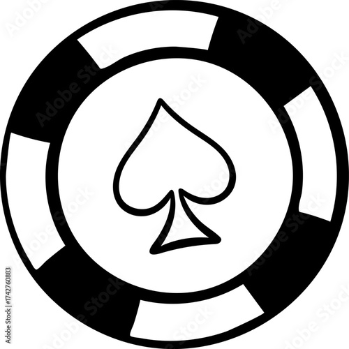 Hand-drawn black and white icon of a single poker chip featuring the suit of spades, sketch style illustration of casino and gambling symbol. Simple doodle of a round chip for betting and gaming theme