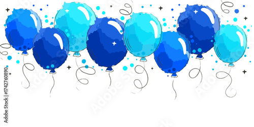 Birthday frame with hand drawn blue watercolor balloons, gender reveal and baby shower party