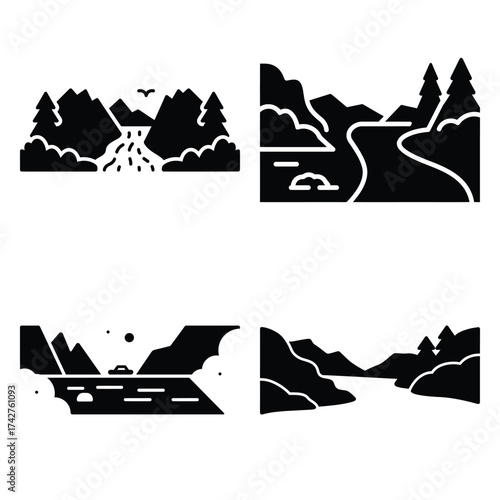 river bend silhouette vector icon bundle