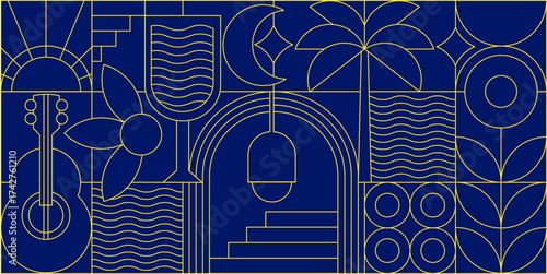 Geometric Mosaic Seamless Pattern with Holiday and Summer Symbols. Abstract Line Art Deco