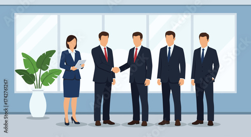 Business team handshake illustration, professional office setting, corporate agreement concept, teamwork and collaboration, formal attire, vector art, leadership moment