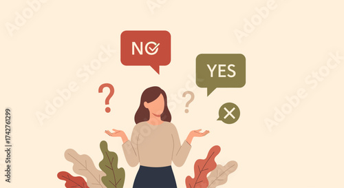 Conceptual illustration of a confused woman making a difficult decision, weighing the options between yes and no