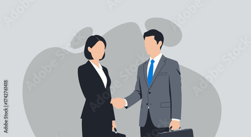 Illustration of a professional man and woman in business suits shaking hands, symbolizing a successful partnership agreement and corporate deal