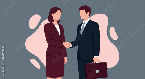 Professional man and woman in business attire shaking hands, symbolizing a successful corporate agreement or partnership