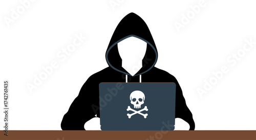 Anonymous hacker in a hoodie working on a laptop with a skull and crossbones, representing cybercrime, data theft, and internet security risks