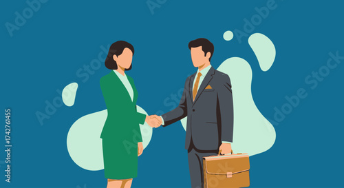 Successful business handshake between a man and a woman in professional attire, symbolizing partnership and agreement