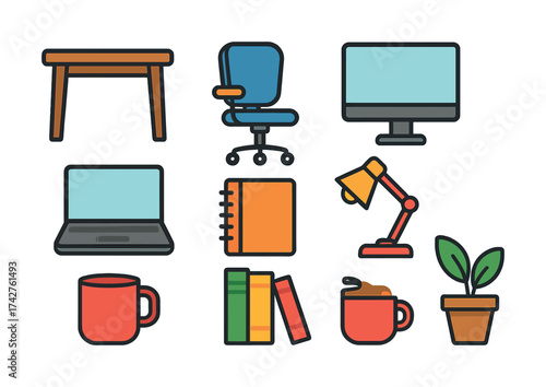 Vector Office essentials: desk chair, computer, laptop, notebook, lamp, mug, books, plant icons