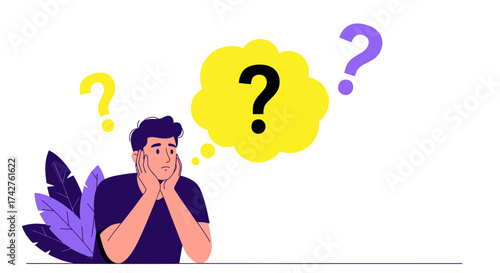Man in deep thought, surrounded by question marks, symbolizing confusion and searching for answers