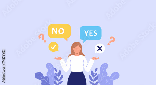Decision making process, choosing between yes or no with visual cues and thought bubbles