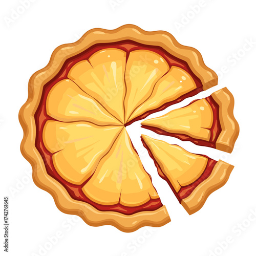 Orange pie with a slice cut out, citrus dessert for autumn or winter holidays, sweet baked pastry with golden crust illustration

