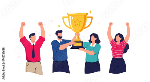 Illustration of a group of diverse people celebrating a victory holding up a gold trophy together