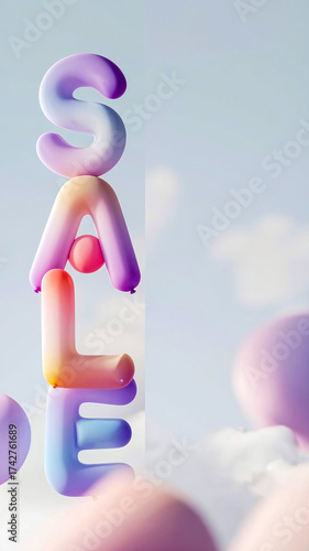 Whimsical arrangement of gradient balloon letters forms word 'SALE' against pale blue sky. Pastel tones evoke fantasy, celebration, lighthearted marketing vibes, for creative advertising, festive camp