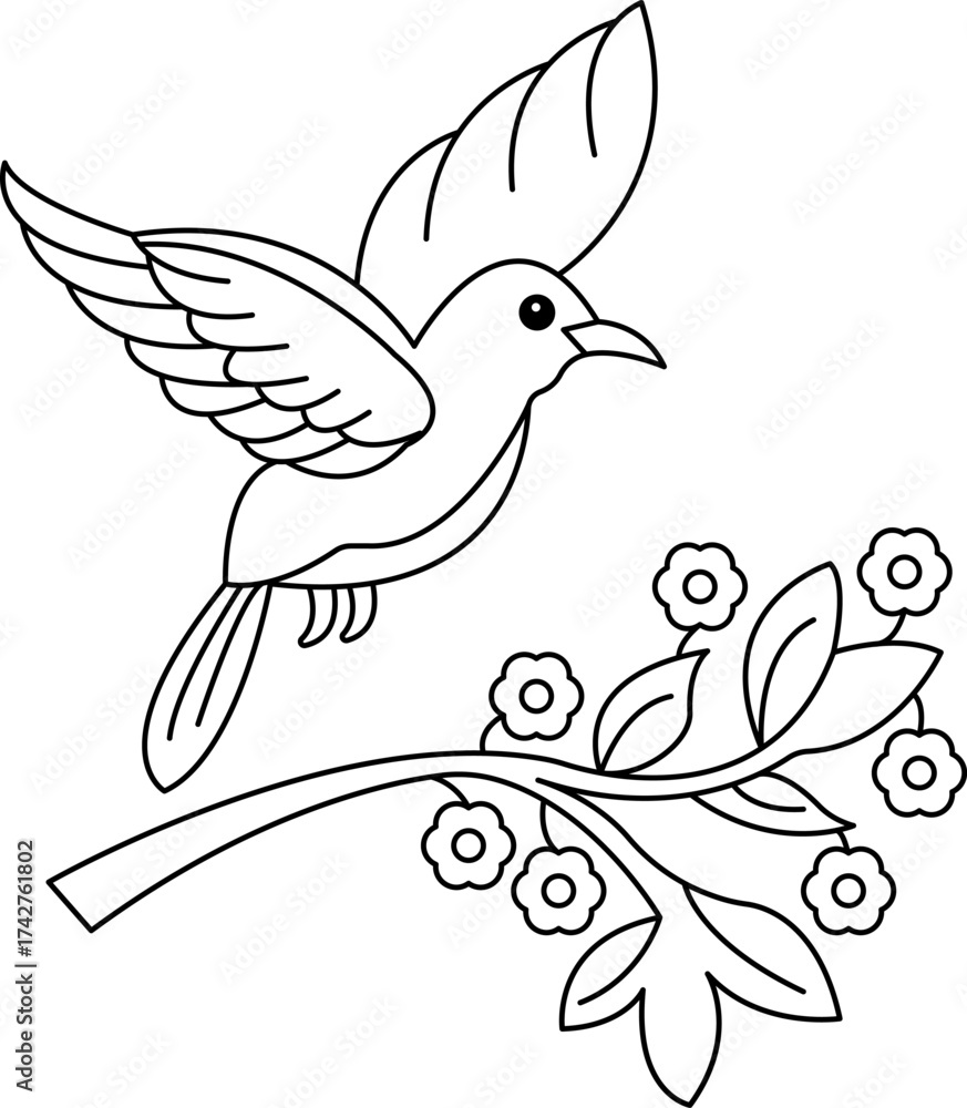 Fototapeta premium Flying Bird and Floral Branch Line Art Illustration