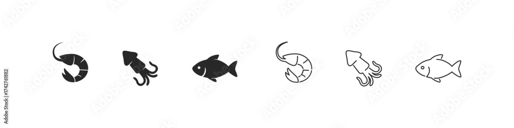 Obraz premium Sea creatures in simple outline and filled style. Marine life vector collection