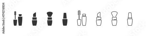 Beauty cosmetics elements in outline and filled style. Makeup vector graphics collection