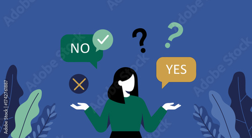 Decision making process, choosing between yes and no options, with uncertainty and doubt represented by question marks