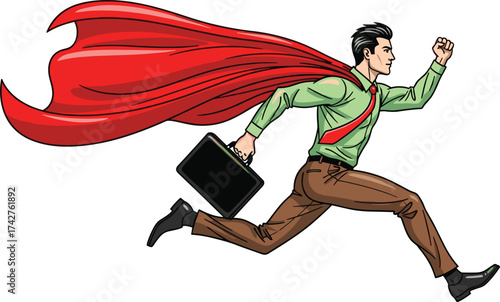 Businessman superhero illustration, running with briefcase, red cape, corporate action concept, vector art, motivation, leadership, urgency, comic style, career success