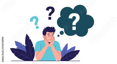 A man looking pensive with question marks floating above his head, symbolizing confusion or deep thought
