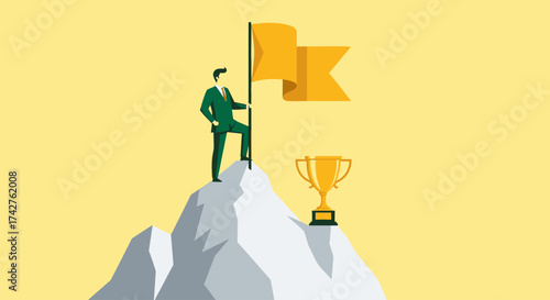 Man on mountain top with flag and trophy, celebrating achievement and success in business or personal goals