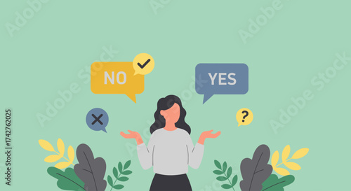 Woman making a decision between yes and no with speech bubbles and question marks