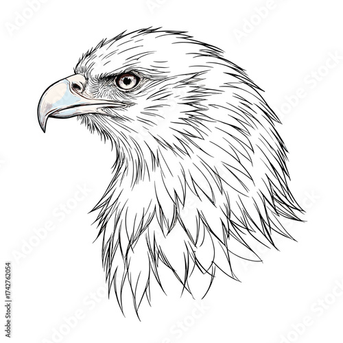 Detailed sketch of an eagle head with sharp features and feathers  