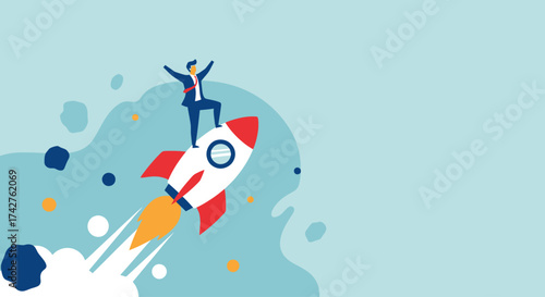 Concept of business growth, success, and innovation represented by a businessman riding a rocket into the sky