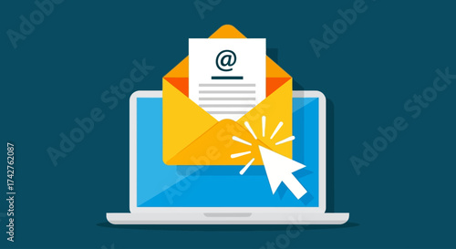 Digital communication concept receiving an email on a laptop, an orange envelope with a letter and cursor pointing to it, representing online messaging and digital interaction