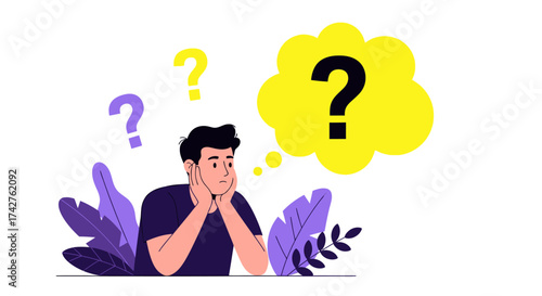 Illustration of a person contemplating with question marks symbolizing thoughts and dilemmas