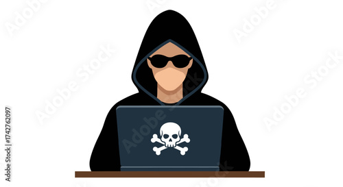Hacker anonymously using a laptop with a skull and crossbones icon, representing cybercrime and digital security threats