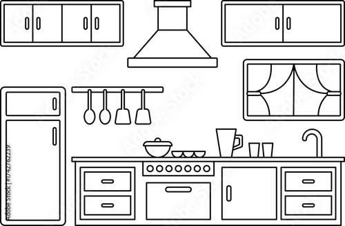 Modern Kitchen Interior Line Art Illustration