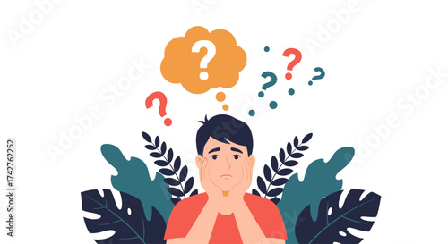 Man with question marks above his head symbolizing confusion, doubt, or seeking answers