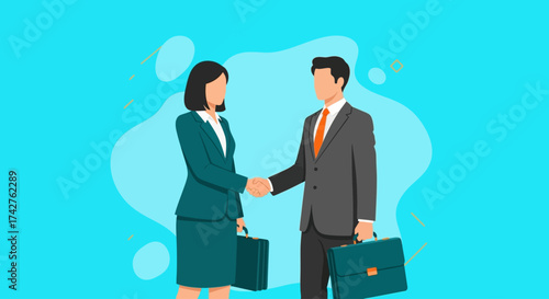 Business people shaking hands with briefcases and a bright background representing agreement and partnership