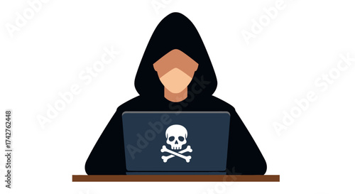 Hacker working on a laptop with a skull and crossbones symbol on the screen
