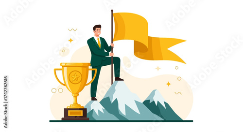Successful Businessman Standing on Mountain Peak Holding Flag and Trophy, Symbolizing Achievement and Victory