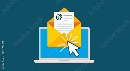 Email marketing concept with laptop, cursor, and open envelope with document and email symbol