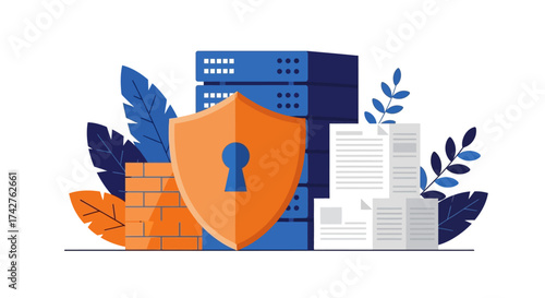Digital security and data protection concept illustration with firewall, shield, server racks, and documents