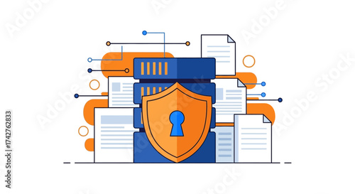 Secure data storage and protection illustrated with a shield symbol over a server and documents
