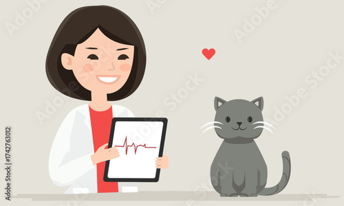 A veterinarian and a gray cat. At a cardiologist's appointment.