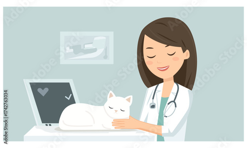 A veterinarian and a calm white cat