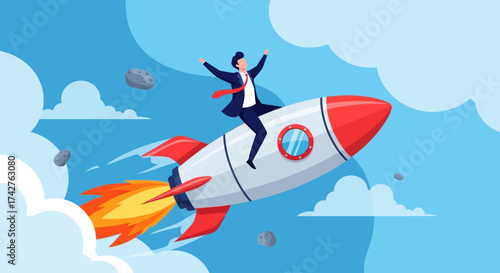 Businessman triumphantly riding a rocket into the sky, symbolizing success and ambition