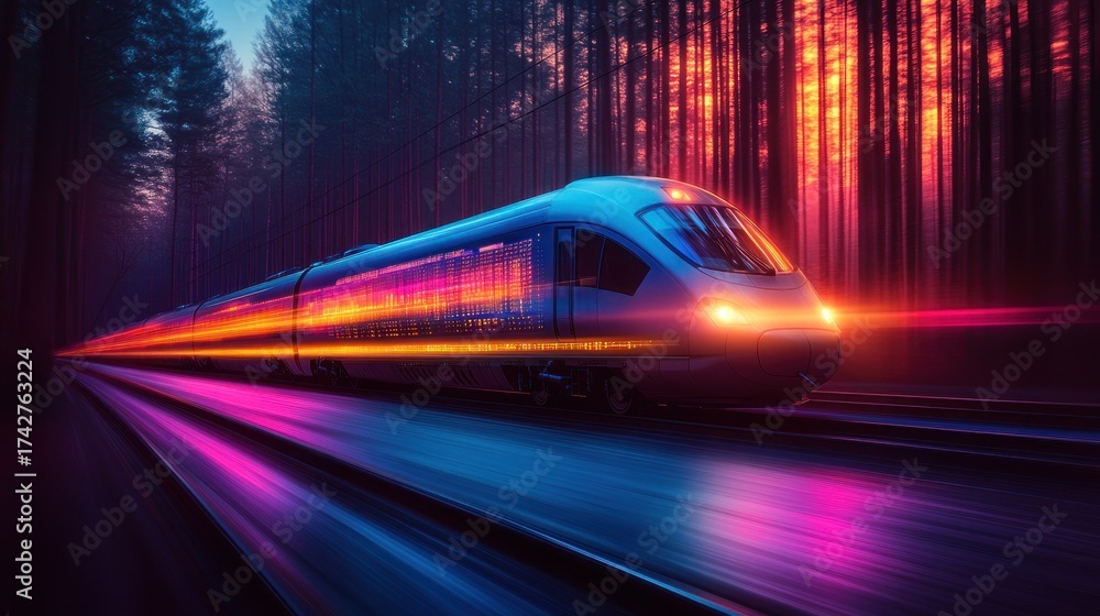 Fototapeta premium Futuristic train speeds through vibrant forest