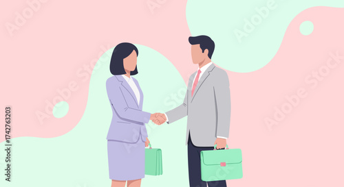 Two business professionals, a man and a woman, shake hands in front of a pastel-colored abstract background, signifying a deal or partnership