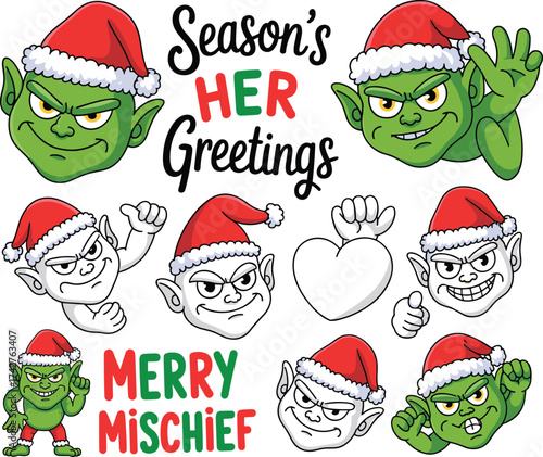 Funny Christmas goblin cartoon illustration with Santa hat, holiday elf expressions, mischievous character design, Season’s Greetings, Merry Mischief festive artwork vector