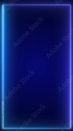blue neon square frame vertical background, shining effects, glowing border, visual copy space templates rectangle glows, creating a modern and abstract design.