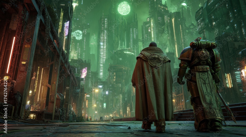 Naklejka premium Un solitario viajero se adentra en una metrópolis futurista envuelta en una atmósfera verde y opresiva.