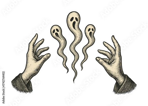 Vector Vintage hands reaching for ghostly figures in monochrome artwork